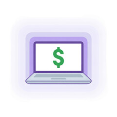 Laptop screen displaying a green dollar sign with a purple gradient frame and white background computer isolated on a transparent background