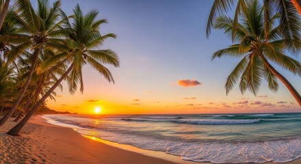 A serene tropical beach scene at sunset with golden sunlight reflecting on the ocean waves, palm trees swaying gently, and a tranquil sky, evoking relaxation, peace, and natural beauty.


