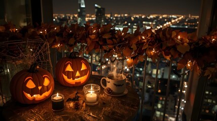 Fototapeta premium Cozy Halloween Balcony with Jack-o’-Lanterns, Lanterns and City Night View 