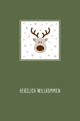 Herzlich Willkommen - Schriftzug in deutscher Sprache. Grußkarte mit Elch und Sternen.