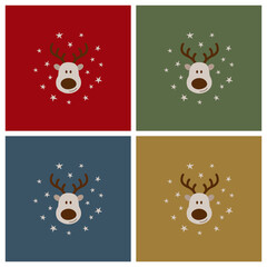 Vierer-Set weihnachtlicher Vektorgrafiken mit Elch und Sternen mit rotem, grünem, blauem und goldfarbenem Hintergrund. Freier Platz für Text. Vorlage für Einladungen, Grußkarten, Social Media Posts. 