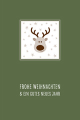 Frohe Weihnachten und ein gutes neues Jahr - Schriftzug in deutscher Sprache. Grußkarte mit Elch und Sternen.