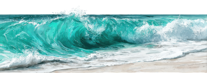 Ocean wave crashing on a sandy beach.  A vibrant turquoise wave crests and breaks, creating frothy white foam.  The water's texture is depicted with visible movement and depth. 