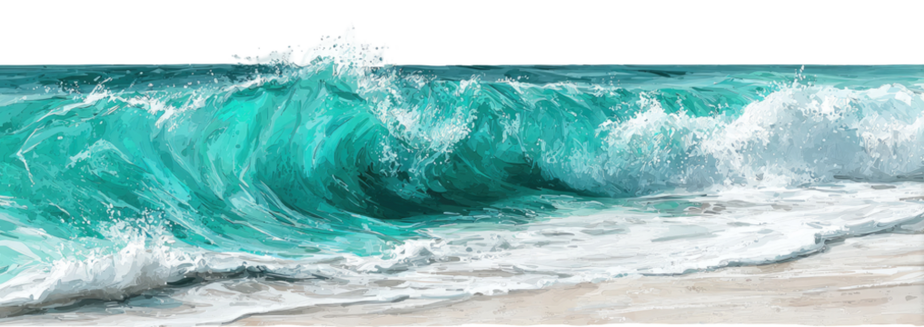 Ocean wave crashing on a sandy beach.  A vibrant turquoise wave crests and breaks, creating frothy white foam.  The water's texture is depicted with visible movement and depth. 