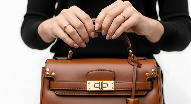 Elegant woman's hands gracefully holding a luxurious brown leather handbag with gold hardware, showcasing refined style and sophistication.