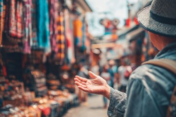 Obraz premium A person stands in a lively market, gesturing towards rows of colorful textiles and goods. Shoppers navigate the bustling atmosphere on a bright day