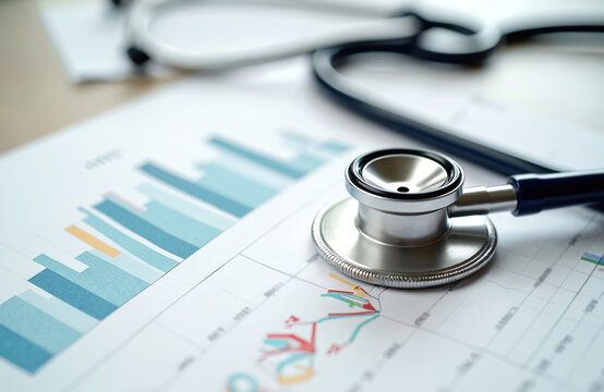 Stethoscope on chart graph paper. Medical equipment for healthcare and finance analysis. Doctor tool on business report with diagram. Healthcare and economy concept.
