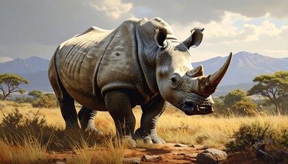 Fototapeta premium A solitary, massive rhinoceros stands proudly in an arid savanna landscape under a partially cloudy sky, mountains in the distance