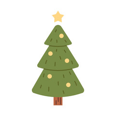 Vector illustration of cute simple green Christmas tree with yellow decorations and star on top, isolated on white background. Flat holiday icon for winter, greeting cards, and festive decoration.