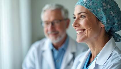 Female doctor in white lab coat, blue headscarf smiling. Male colleague in blurred background. Happy medical pro. Oncology care team. Cancer patient support. Doctors in hospital clinic. Smiling