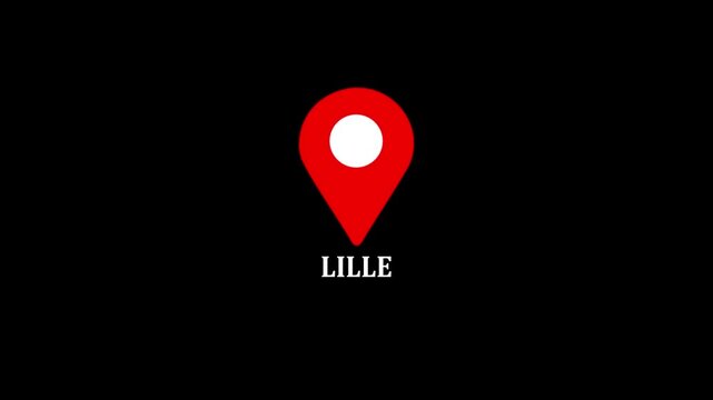 location of the city of Lille ,the name of the place with the location has been displayed, sign animated with alpha channel 4k video GPS location tracking icon .