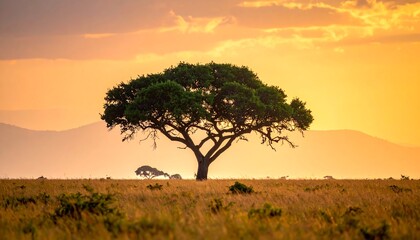 Naklejka premium A solitary, lush, green-crowned tree stands majestically in an open, golden savannah under an apricot-hued sky, with hazy mountains in the distance