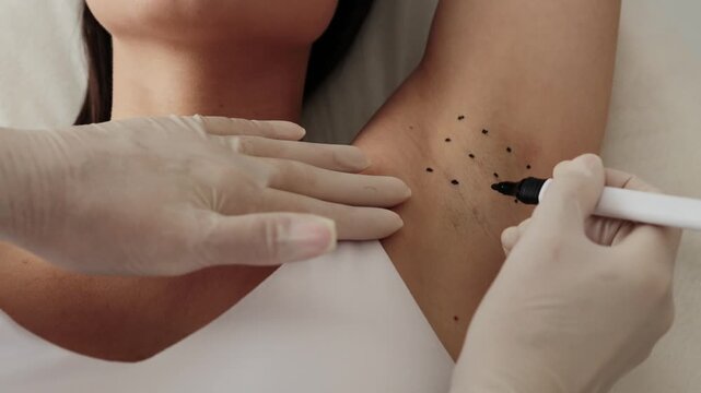 Cosmetologist is marking dotes before injecting woman armpit, closeup 4k video. Treatment of hyperhidrosis. Markup skin for hyperhidrosis treatment in the clinic.