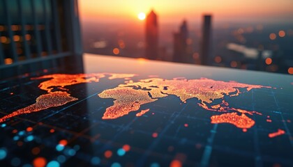 Digital world map glows with orange light against city skyline sunset. Global network data streams connect across continents, depicting modern tech.