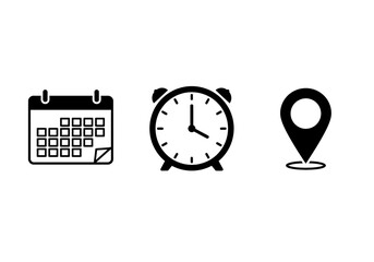 Calendar, clock and location icon set in black and white.