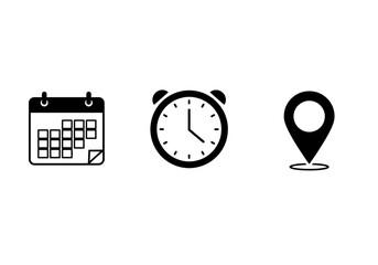 A set of three black icons representing a calendar for date, a clock for time, and a pin for location.