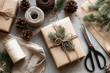Handmade Christmas gift wrapping with brown paper twine and pine sprigs a rustic and festive holiday presentation