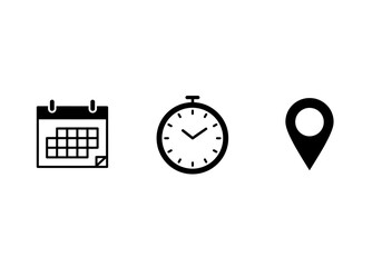 Three icons representing a calendar, a clock, and a location pin, symbolizing time, date, and place.