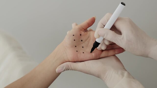 4k video markup of the hyperhidrosis treatment. Care of palm sweating. 4k video marking dotes for filler injection on the palm of a patient against hyperhidrosis.