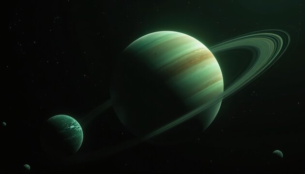 Artistic photo of green planet with rings, several moons floating in deep space. Celestial body with starfield background shows distant galaxies. Fantasy world concept for digital art, sci-fi