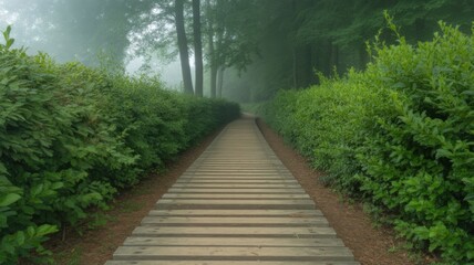 Obraz premium A tranquil wooden walkway leading through lush greenery and a foggy landscape