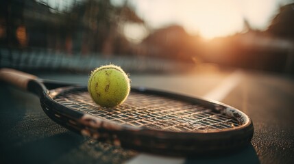 Tennis racket and neon yellow ball at sunset on court