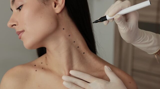 4k video cosmetologist is drawing dotes before botulinum toxin injection in platysma of a woman. Improving neck by a professional. Female aesthetic cosmetology. Mark up before Nefertiti lifting.