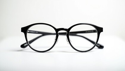 Modern round black framed eyeglasses isolated on white. Minimalist eyewear accessory for style and vision correction. Chic, classic, elegant spectacles.