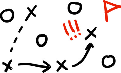 Hand-drawn sports tactics sketch illustrating team movement and strategic plays. Dynamic arrows and player positions for clear gameplay visualization.