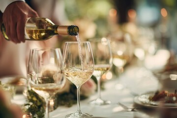 A hand pours white wine into a large glass during a festive dining occasion. The table features elegantly arranged glasses and decorations, creating a serene atmosphere