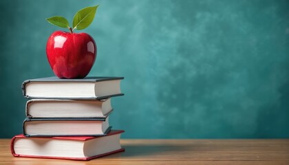 Stack of books with shiny red apple and leaves on top. Symbolizes education knowledge learning wisdom teaching study success and graduation.