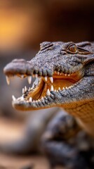 Fototapeta premium Close-up view of a crocodile's fierce expression in a natural habitat with blurred background elements