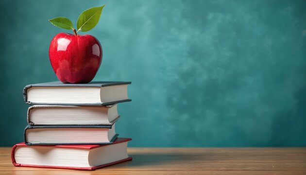 Stack of books with shiny red apple and leaves on top. Symbolizes education knowledge learning wisdom teaching study success and graduation.