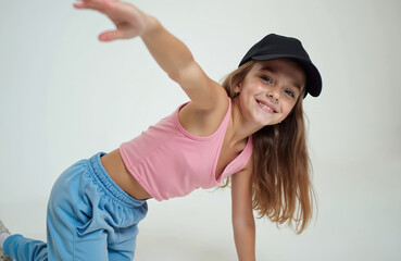 Cute girl child dances hip hop in studio. Young kid wears pink crop top, blue sweatpants, black baseball cap. Smiles big, stretches one arm, leans forward, looking camera. Happy small dancer enjoys