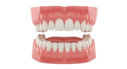 Fototapeta premium close-up of a human dentition model with white teeth and pink gums isolated on white transparent background, PNG 
