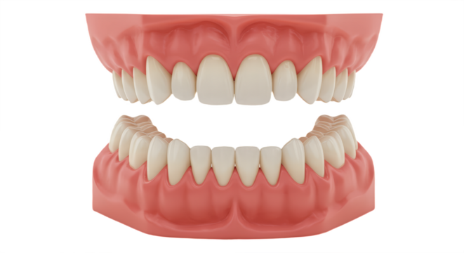 close-up of a human dentition model with white teeth and pink gums isolated on white transparent background, PNG