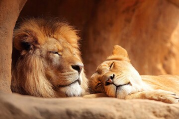 Obraz premium A serene moment of a lion and lioness resting together in a rocky cave, surrounded by a warm, natural ambiance