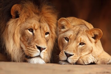 Two majestic lions resting closely together, showcasing their beautiful manes and serene expressions in a natural habitat