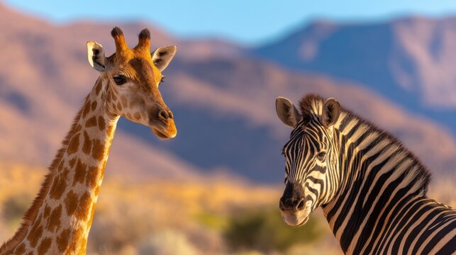 A serene encounter between a giraffe and a zebra in a vibrant landscape with mountains in the background