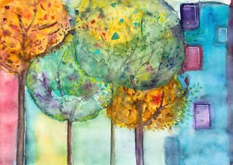 Autumn in the City &ndash; Hand-Painted Watercolor Trees, inspired by the rhythm of the city and the colors of autumn. Abstract Urban Fall Wall Art