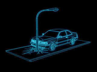 Wireframe Digital Illustration of a Car Accident. Neon Blue Outline of a Coupe Crashed into a Street Light Pole on Cracked Asphalt.
