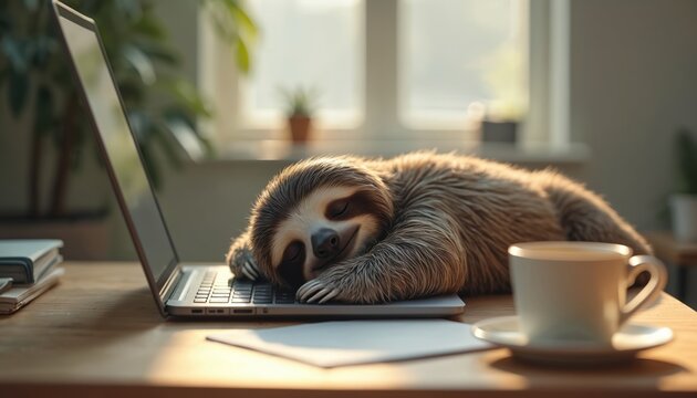 Sloth sleeps on laptop keyboard at office desk. Animal rests head on keys. Coffee cup and notebook are nearby. Relaxed sloth in workplace setting. Lazy creature takes nap on computer.