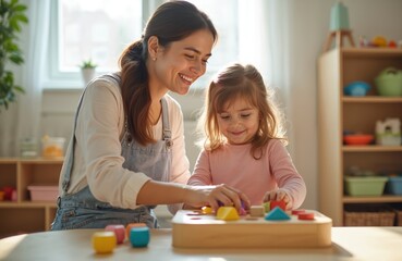 Young woman plays with little girl. They sort colorful shapes on a wooden toy at preschool. Mother and daughter interact during educational activity indoors.