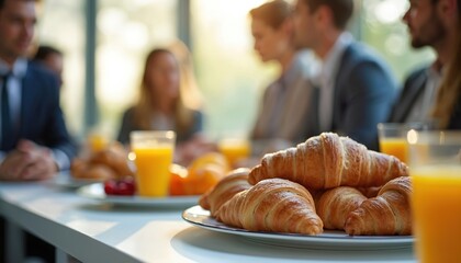 People in suits have breakfast with croissants and orange juice at a morning meeting. They sit at a table indoors by a window with sunlight. Business professionals eat food in a conference room.