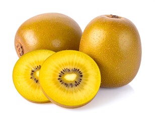 Fototapeta premium A still-life of fresh yellow kiwis, whole and sliced, showcasing their vibrant color and appealing interior detail