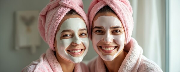 Beautiful mother, cute young daughter smile wearing white facial masks, cozy pink bathrobes, soft fluffy head towels. Truly enjoy relaxing home spa moment. Girls bond with fun beauty wellness