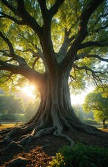 Fototapeta premium Majestic tree stands tall with complex roots, branches. Sun shines through leaves in forest. Old giant tree life power, nature beauty. Roots intertwine with earth. Green nature backdrop landscape.