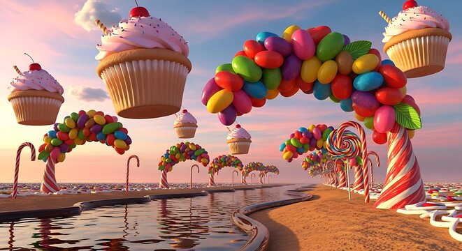 Surreal Candyland Landscape Featuring Cupcake Mountains and Gummy Bean Arches: Whimsical Sweet Treat Dreamscape in Pastel Colors with Reflective River