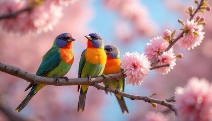 Obraz premium Three colorful birds perch on branch. Delicate pink blossoms surround vibrant birds. Nature photo shows spring season. Artwork presents a joyful mood of fresh colors. Perfect for art lovers.