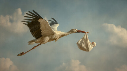 A stork carrying a baby in its beak